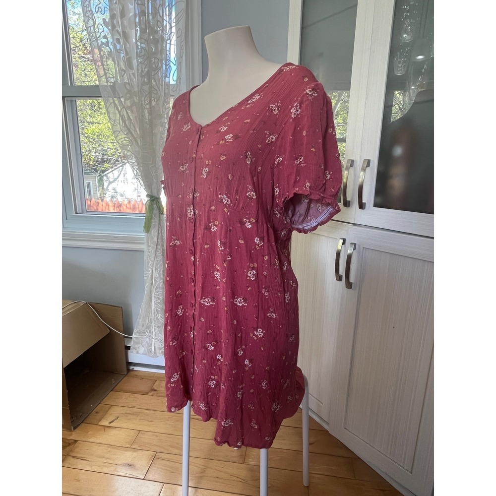 Blumind Red Floral Button Front Mini Dress Short Sleeve V-Neck Size Large - Picture 2 of 6